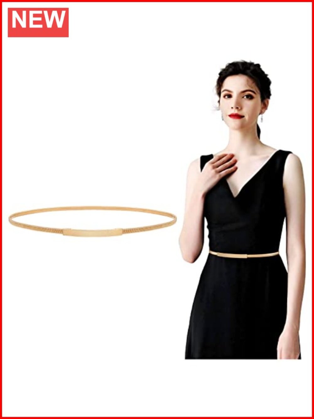 Women Skinny Metal Waist Belt Gold-Tone Elastic Chain Belt for Dress